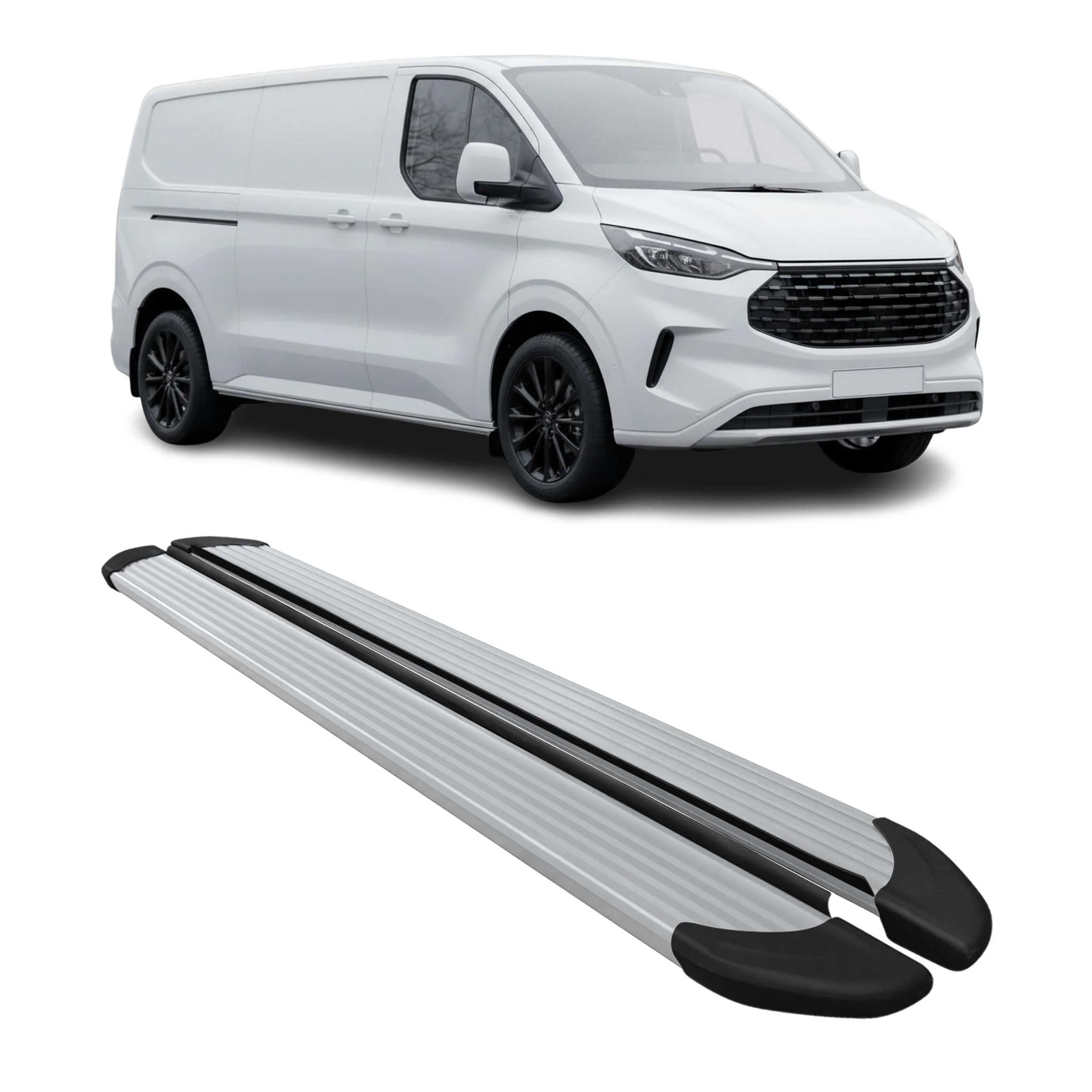 Trittbretter Seitenschweller für Ford Tourneo Custom 2023-2026 L2 Alu Silber 2x